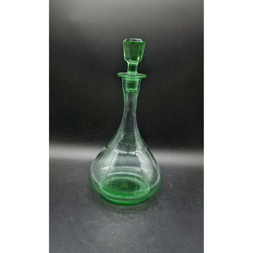 Vintage Green Glass Decanter Bell Shape Panel Optic Ribbed with Stopper MCM